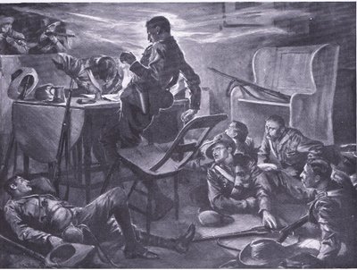 De moord op twee mannen van Comptons Horse terwijl ze brieven naar huis schreven, illustratie uit Na Pretoria: De Guerrillaoorlog, 1902 door A. C. Ball