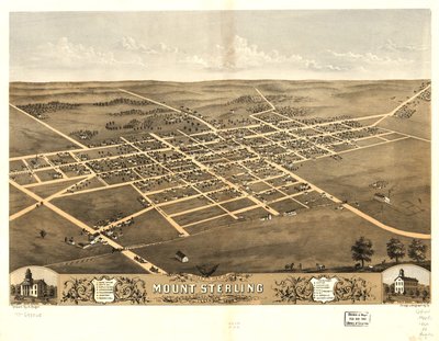 Vogelvluchtperspectief van Mount Sterling, Brown County, Illinois 1869. LOC 73693365 door A.; Chicago Lithographing Co. Ruger