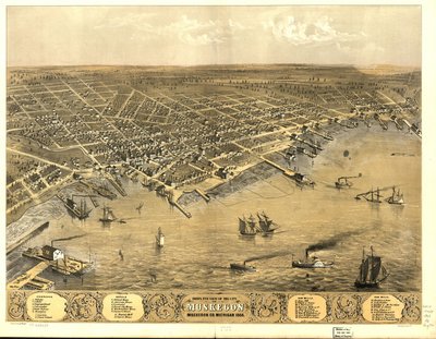 Vogelvlucht van de stad Muskegon, Muskegon Co., Michigan 1868 door A.; Chicago Lithographing Co. Ruger