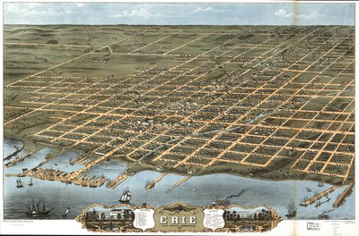 Vogelvlucht van de stad Erie, Erie County, Pennsylvania 1870 door A. Chicago Lithographing Co. Ruger and Stoner Ruger