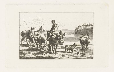 Landschap met herderin op muilezel en herder met koeien door A. Dickhof (signed by artist)
