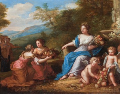 Ceres zittend met putti die fruit presenteren. (olieverf op doek) door A. Diennen