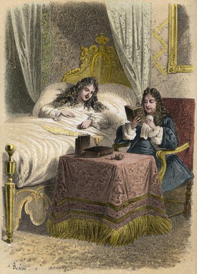 Lodewijk XIV koning van Frankrijk luisterde graag naar Jean Racine en liet hem komen toen hij ziek was. Gravure door A. Duruy in 