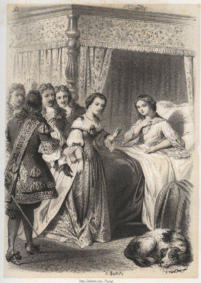 Madame Deshoulieres, Antoinette Ligier de La garde (1637-1694) overweldigd door vragen van haar entourage na een nacht vol angst voor de geest. Gravure door A. Duruy in 
