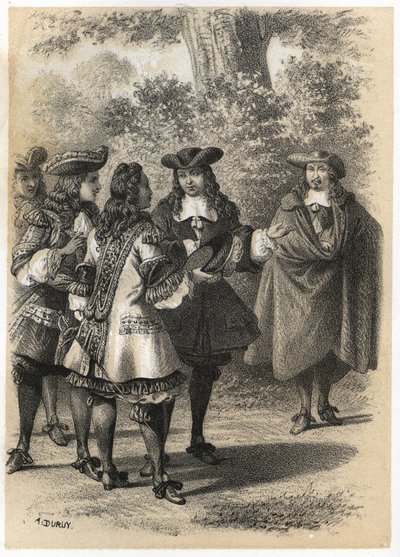 Ontmoeting in Parijs tussen Jean Racine (1639-1699) en Pierre Corneille (1606-1684). Gravure door A. Duruy in 