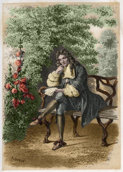 Portret van Nicolas Boileau (1636-1711) genaamd Boileau-Despréaux, een Franse schrijver in zijn huis in Auteuil. Gravure door A. Duruy in 