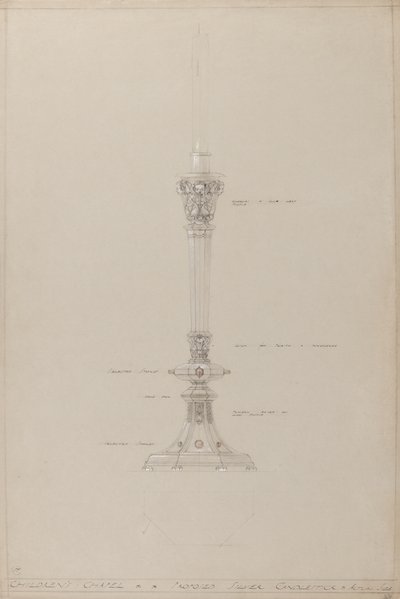 Kinderkapel: voorgestelde zilveren kandelaar, werkelijke grootte door A. Edward Jones and Co.