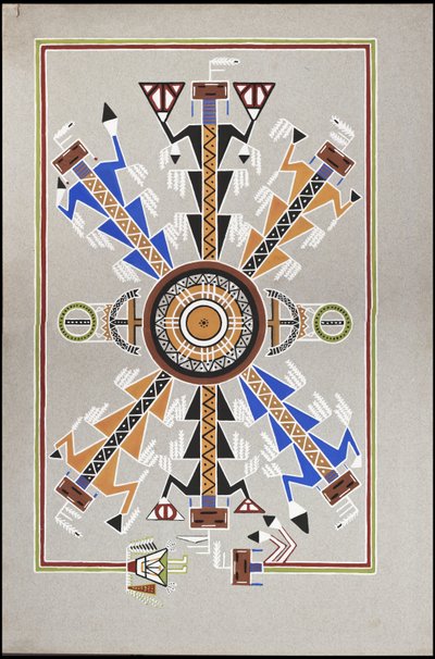 Tekeningen die de begraafplaats van "Cadunce" een Chippewa Indiaanse "Medicijnman", een Navajo zandtekening en Crow steen schilderijen weergeven door A. Grossman