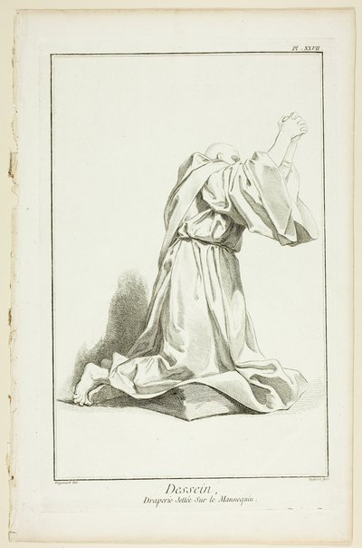 Ontwerp: Draperie gerangschikt op een model, uit Encyclopédie door A. J. Defehrt