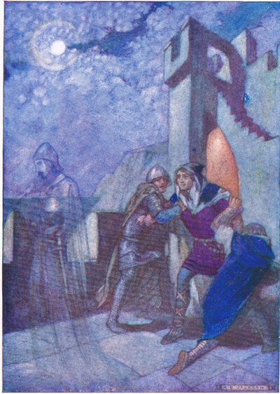 "Uitbarstend volgde Hamlet waar de geest hem ook leidde", uit Tales from Shakespeare uitgegeven door Ward Lock & Co Ltd, 1930-40 door A. Jackson