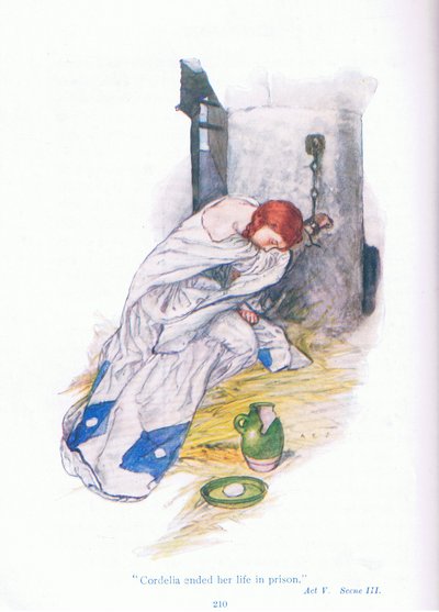 Cordelia eindigde haar leven in de gevangenis (Koning Lear), uit Verhalen van Shakespeare uitgegeven door Ward Lock & Co Ltd door A. Jackson