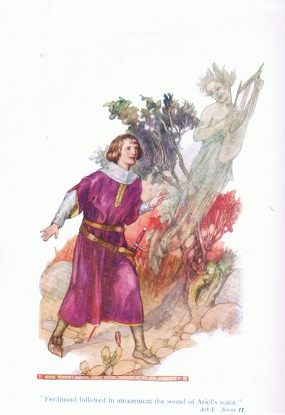 Ferdinand volgde verbaasd het geluid van Ariels stem (De Storm), uit Verhalen van Shakespeare uitgegeven door Ward Lock & Co Ltd door A. Jackson