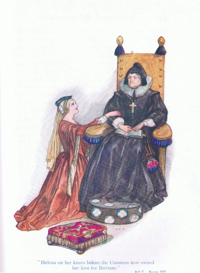 Helena op haar knieën voor de gravin bekende nu haar liefde voor Bertram (Eind goed, al goed), uit Verhalen van Shakespeare uitgegeven door Ward Lock & Co Ltd door A. Jackson