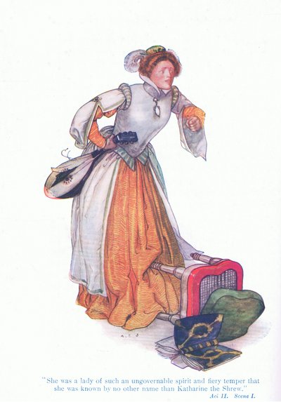 Katherine was een dame met een onbeheerste geest en een vurig temperament (De getemde feeks), uit Verhalen van Shakespeare uitgegeven door Ward Lock & Co Ltd door A. Jackson
