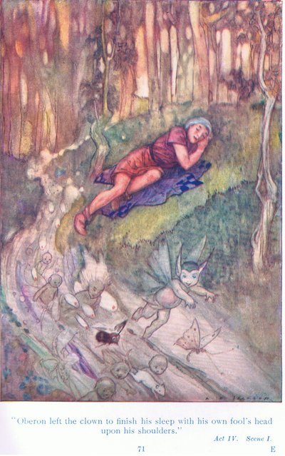 Oberon liet de clown verder slapen met zijn narrenkop op zijn schouders (Een Midzomernachtsdroom), uit Verhalen van Shakespeare uitgegeven door Ward Lock & Co Ltd door A. Jackson