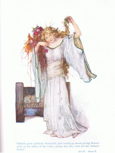 Ophelia werd volkomen verward, en zou rondgaan en weggeven aan de dames van het hof (Hamlet), uit Verhalen van Shakespeare uitgegeven door Ward Lock & Co Ltd door A. Jackson