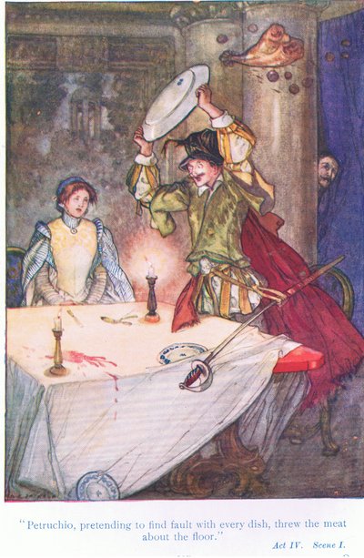 Pettruchio, die deed alsof hij aan elk gerecht iets mankeerde, gooide het vlees over de vloer (De getemde feeks), uit Verhalen van Shakespeare uitgegeven door Ward Lock & Co Ltd door A. Jackson