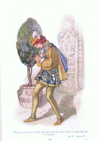 Proteus stuurde haar zelfs de ring die ze hem als afscheidscadeau in Verona had gegeven (Twee Edellieden van Verona), uit Tales from Shakespeare uitgegeven door Ward Lock & Co Ltd door A. Jackson