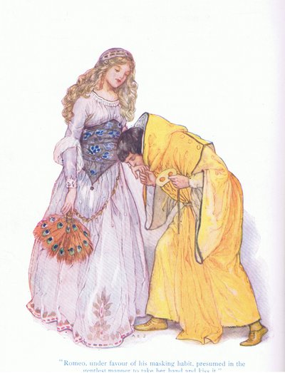 Romeo, onder het voorwendsel van zijn masker, waagde het op de zachtste manier haar hand te nemen en te kussen (Romeo en Julia), uit Tales from Shakespeare uitgegeven door Ward Lock & Co Ltd door A. Jackson