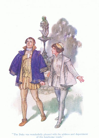 De hertog was buitengewoon tevreden met het adres en de houding van deze knappe jongeling (Twaalfde Nacht), uit Tales from Shakespeare uitgegeven door Ward Lock & Co Ltd door A. Jackson
