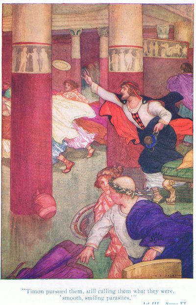 Timon achtervolgde hen, terwijl hij hen nog steeds noemde wat ze waren, gladde, glimlachende parasieten (Timon van Athene), uit Verhalen van Shakespeare uitgegeven door Ward Lock & Co Ltd door A. Jackson
