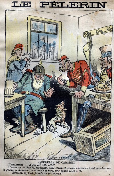Cabaret Querelle: Cartoon over de koloniale oorlogen tussen Engeland, Duitsland, Frankrijk en de Verenigde Staten rond de situatie in Fachoda in Afrika. Gravure door Lemot in 