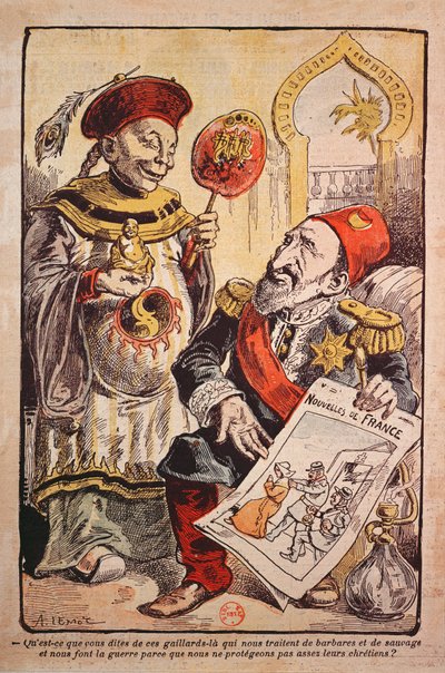 Cartoon die de hypocrisie en dubbele standaarden van West-Europa ten opzichte van China en het Ottomaanse Rijk aanklaagt door A Lemot