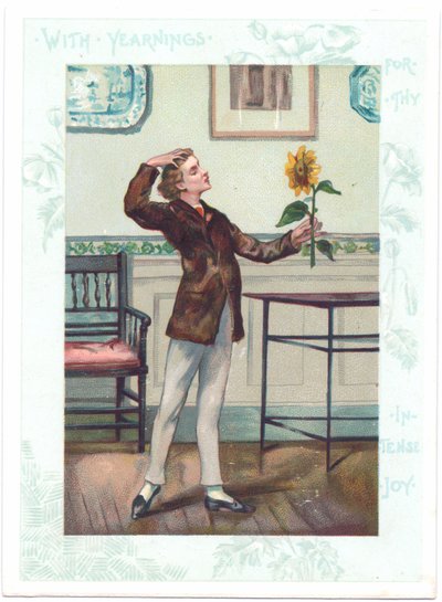 De bloemkijker Victoriaanse Wenskaart van een Estheet die een zonnebloem aanbidt in extase, ca. 1881 door A. Ludovici