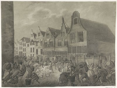 Bezwijking van de bekisting langs de Kortendijk in Gorinchem, 1809 Vier platen van de watersnood in 1809 opgedragen aan koning Lodewijk Napoleon (series title) door A. Lutz