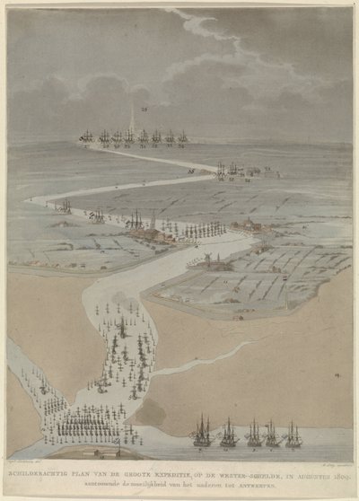 Gezicht in vogelvlucht op de Westerschelde met Engelse, Hollandse en Franse vloten, 1809 door A. Lutz