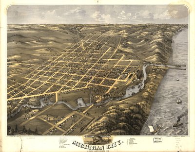 Vogelvlucht van Michigan City, La Porte County, Indiana 1869 door A.; MerchantS Lithographing Company Ruger