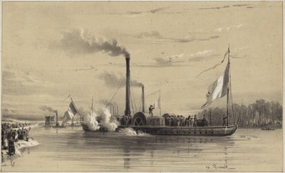 Mensen aan de kust zwaaien een stoomschip uit door A Provost