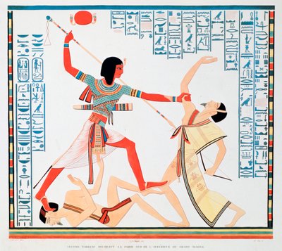 Tweede scène op de zuidelijke muur van het interieur van de Grote Tempel in Abu Simbel, 1888 door A Racinet