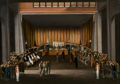 Chinese rechtbank in de hal van de Britse fabriek in Canton, 9 april 1807, c.1810 door A. Roland Knight