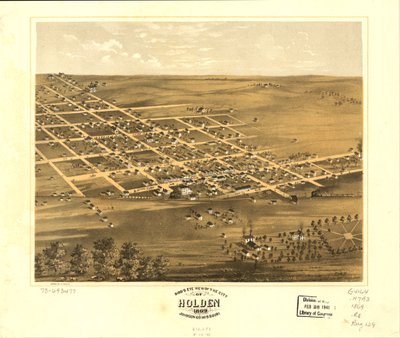Gezicht in vogelvlucht op de stad Holden, Johnson Co, Missouri 1869. LOC 73693477 door A. Ruger