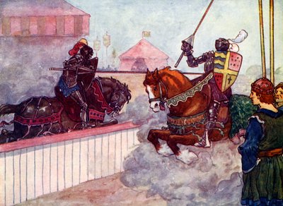 De graaf reed keer op keer op Edward af totdat zijn lans in zijn hand versplinterde, c1270, 1905 door A. S. Forrest