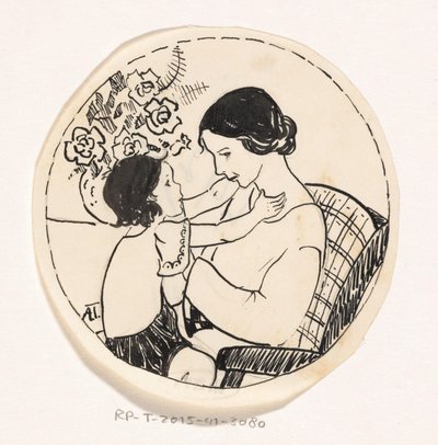 Meisje op moeders schoot door A. Tinbergen (signed by artist)