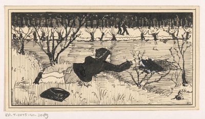 Meisje probeert hond te redden uit wak door A. Tinbergen (signed by artist)