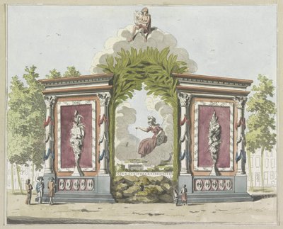 Kunsten en Wetenschappen, decoratie op de Noordermarkt, 1795 door A. Verkerk