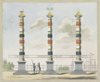 Vrijheid, Broederschap en Gelijkheid, decoratie op de Hogesluis, 1795 door A. Verkerk