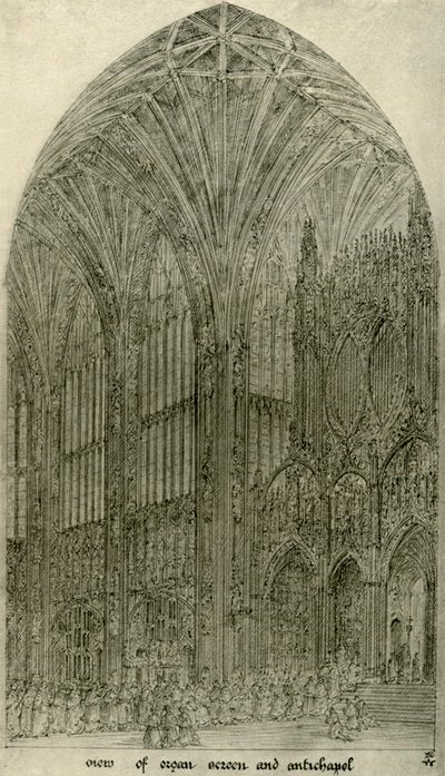Architecturale tekening: uitzicht op orgelscherm en antikapel, 1833-1834, 1906 door A. W. N. Pugin