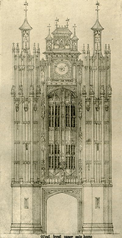 Architectonische tekening: westelijke voorkant binnenpoort huis, 1833-1834, 1906 door A. W. N. Pugin