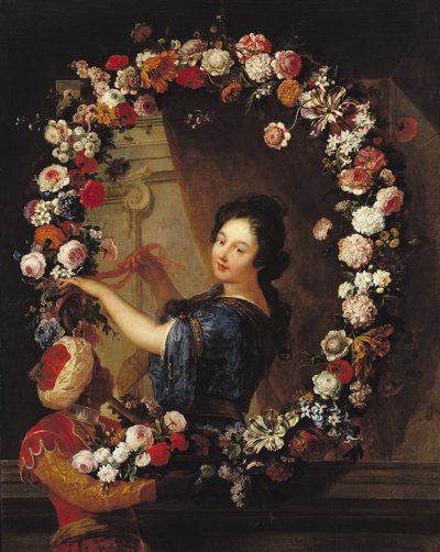 Portret van een vrouw omringd door bloemen, vermoedelijk Julie d