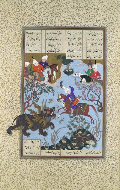 Bahram Gur Doodt de Neushoorn-Wolf, Folio 586r uit de Shahnama Boek der Koningen, ca. 1530-35 door 