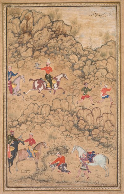Jagen met valken in een landschap, ca. 1558-1560, randen waarschijnlijk toegevoegd in de 18e eeuw door Abd al Samad