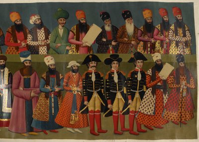 Add Or. 1241 Het Hof van Fath Ali Shah met Britse gezanten Sir John Malcolm, Sir Harford Jones Brydges, en Sir Gore Ouseley. Gedeeltelijke afbeelding van de Nigaristan Paleismuurschildering door Abdallah (after) Khan