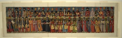 Or. 1242 Kopie van de Grote Muur in het Nigaristan Paleis. Het Hof van Fath Ali Shah met Britse gezanten Sir John Malcolm, Sir Harford Jones Brydges en Sir Gore Ouseley door Abdallah (after) Khan