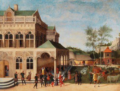 Een elegante loggia met het voorstel van Isaac aan Rebecca, 1616 door Abel Grimmer