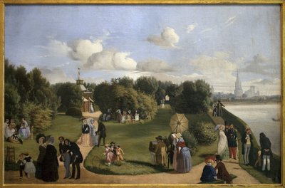 Zicht op de Rochelle (tuin van het bad Marie Therese). Personages van de bourgeoisie in een park: stelletje pratend op een bank, mannen begroeten dames, kind speelt met een hoepel door Abel de Pujol