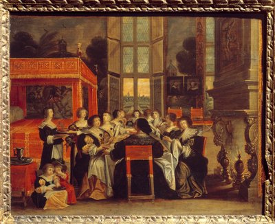 Gesprek van dames in afwezigheid van hun echtgenoten: Diner Schilderij door Abraham Bosse (17e eeuw) door Abraham (after) Bosse